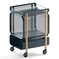 Commercial Equipment Cart With Metal Mesh Shelves And Wooden Posts On Wheels
