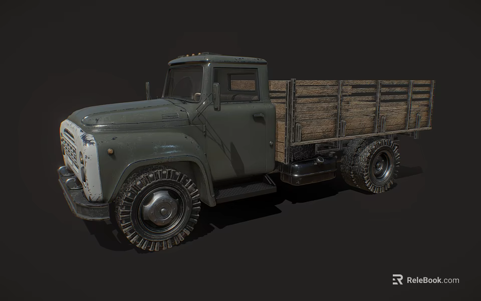 Vintage Olive Green Truck With Open Wooden Cargo Bed And Large Tires 3d model 