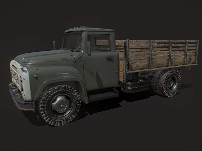 Vintage Olive Green Truck With Open Wooden Cargo Bed And Large Tires 3d model