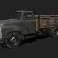 Vintage Olive Green Truck With Open Wooden Cargo Bed And Large Tires