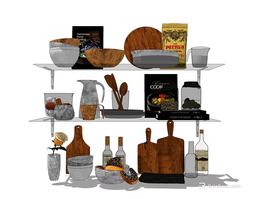 Essential Kitchen Utensils With Wooden Cutting Boards Ceramic Bowls And Spice Jars 3d model 