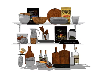 Essential Kitchen Utensils With Wooden Cutting Boards Ceramic Bowls And Spice Jars 3d model