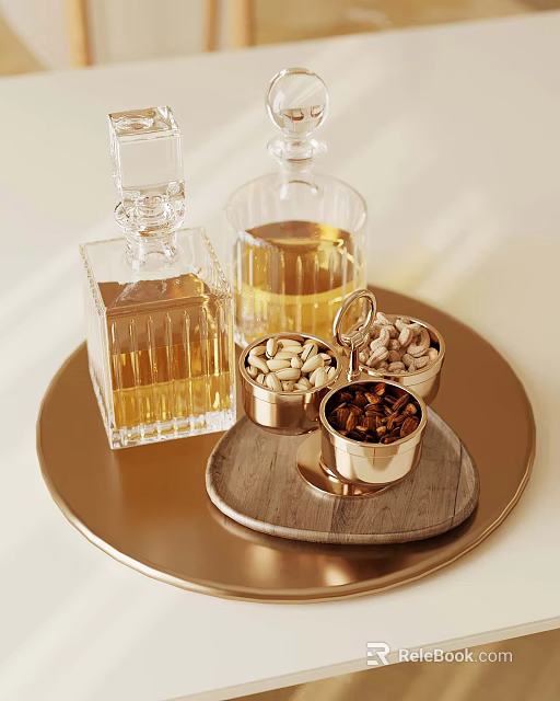 Elegant Gold Tray With Transparent Glass Bottles And Metal Bowls Of Nuts 3d model 