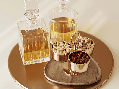 Elegant Gold Tray With Transparent Glass Bottles And Metal Bowls Of Nuts 3d model