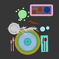 Tableware Set With Plates Bowl Utensils Vase Olive Branches Blueberries Wine Glasses And Condiment Jars