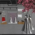 Elegant Bridal Shop Interior With Wedding Dresses White Display Stands Pink Backdrops And Chandelier