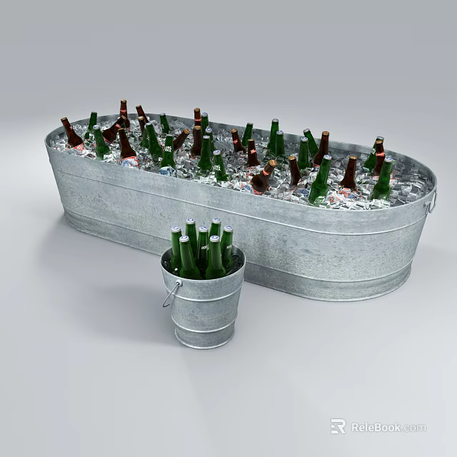Chilled Green And Brown Beer Bottles In Galvanized Metal Ice Buckets With Ice 3d model 