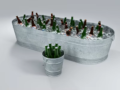 Chilled Green And Brown Beer Bottles In Galvanized Metal Ice Buckets With Ice 3d model
