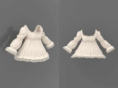 Elegant White Vintage Dress With Long Sleeves Square Neckline And Lace Trim Details 3d model