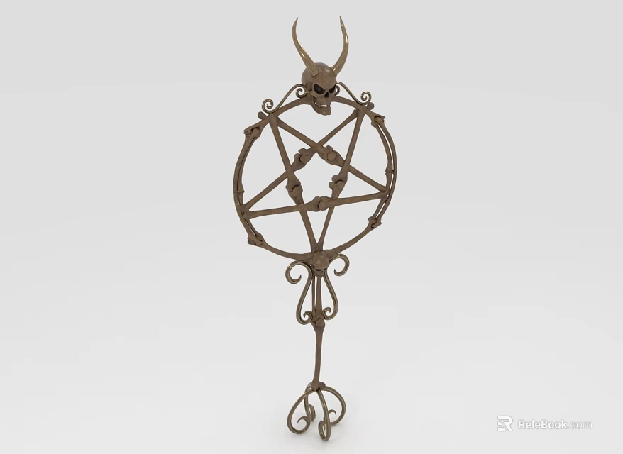 Intricate Metal Sculpture With Horned Skull Pentagram And Ornate Decorative Elements 3d model 
