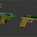 Two Modern Pistols With Yellow Grips And Silver Frames On Black Reflective Surface 3d model