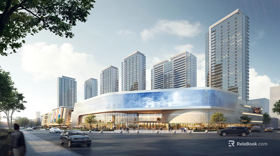 Modern Commercial Complex With Glass Curtain Walls And Surrounding High Rise Buildings In Urban Area 3d model 