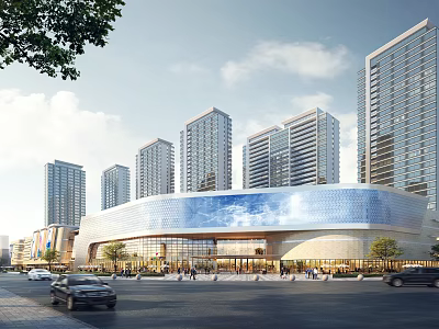 Modern Commercial Complex With Glass Curtain Walls And Surrounding High Rise Buildings In Urban Area 3d model