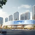 Modern Commercial Complex With Glass Curtain Walls And Surrounding High Rise Buildings In Urban Area