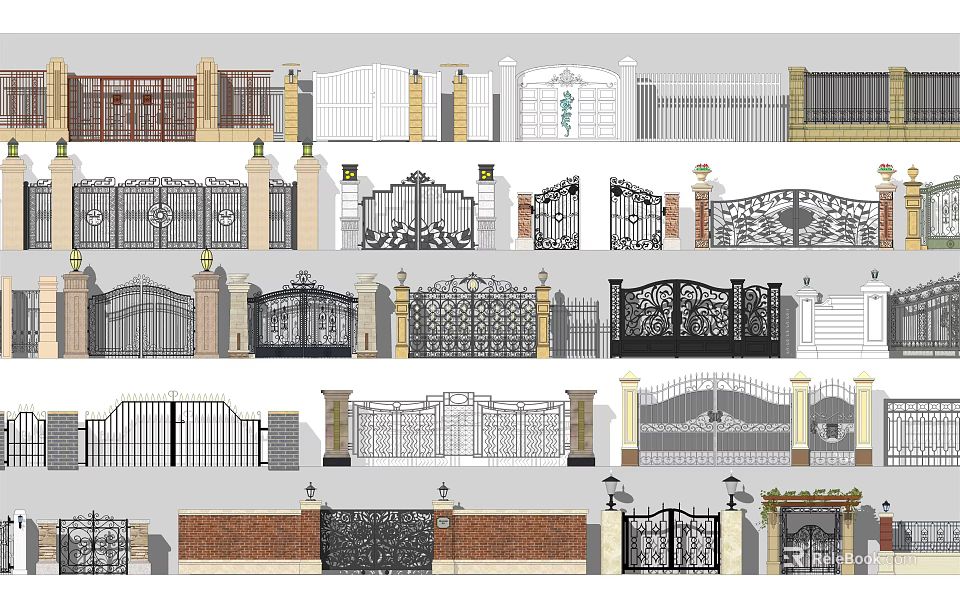 Wrought Iron Entry Gates With Various Decorative Patterns And Pillar Designs 3d model