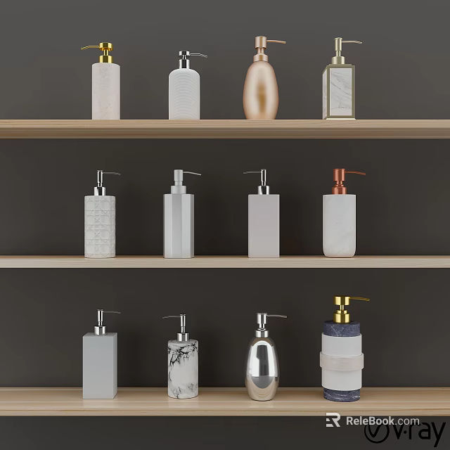 Stylish Liquid Soap Dispensers on Wooden Shelves Featuring Marble Metal and Ceramic Designs 3d model 