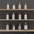 Stylish Liquid Soap Dispensers on Wooden Shelves Featuring Marble Metal and Ceramic Designs