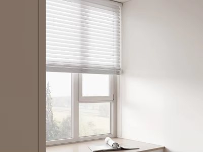White Window Blinds in Modern Room with Scenic View and Rolled Book on Windowsill 3d model