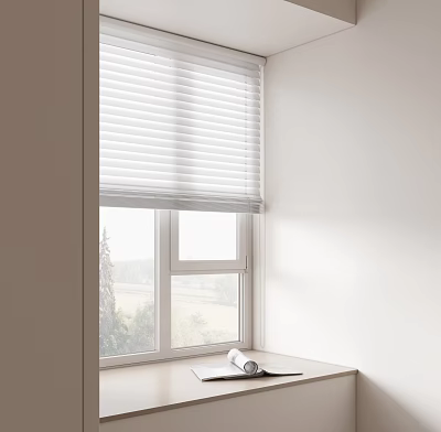 White Window Blinds in Modern Room with Scenic View and Rolled Book on Windowsill 3d model