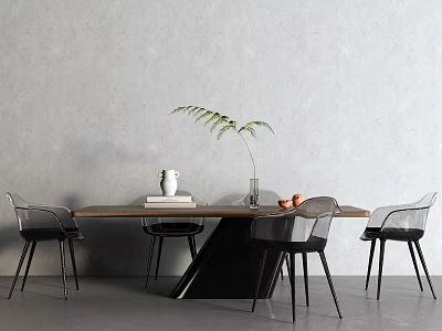 Modern Dining Table Set with Transparent Chairs Wooden Top and Green Plant 3d model