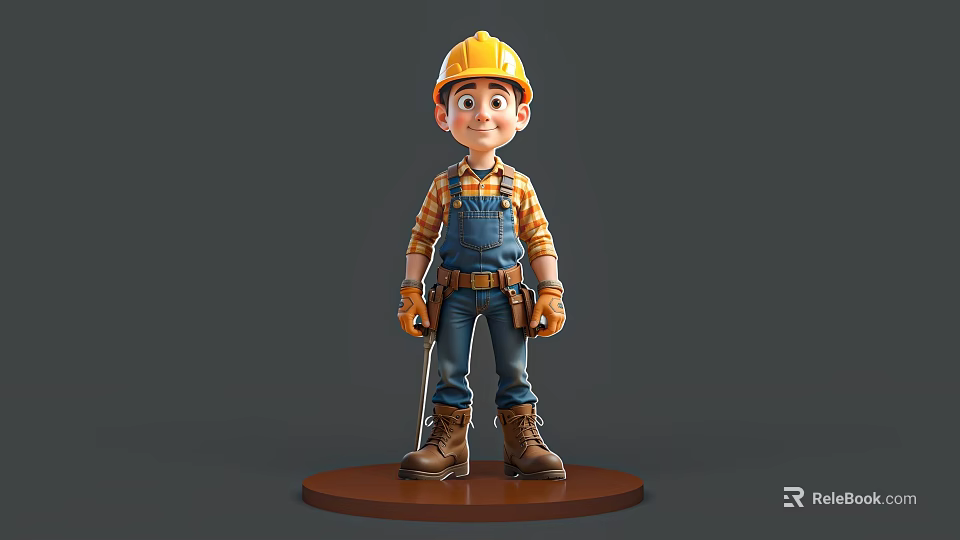 Man In Yellow Hard Hat Plaid Shirt Overalls With Tool Belt And Brown Boots Standing 3d model 