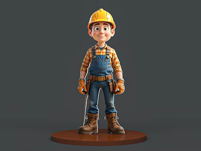 Man In Yellow Hard Hat Plaid Shirt Overalls With Tool Belt And Brown Boots Standing 3d model
