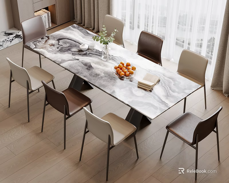 Modern Dining Table Set With Marble Top Brown Beige Chairs Black Metal Legs And Oranges 3d model 