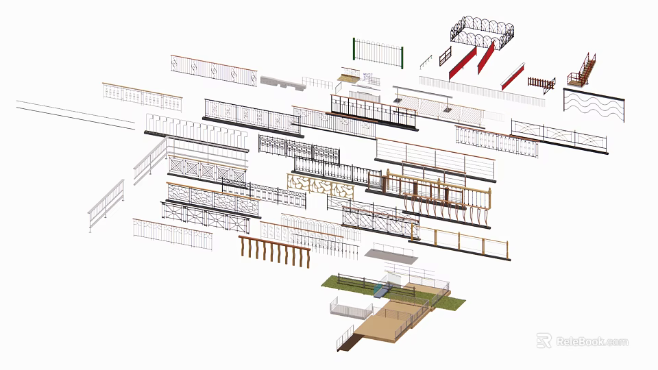 Various Fence Designs With Metal And Wooden Railings For Outdoor Use 3d model 