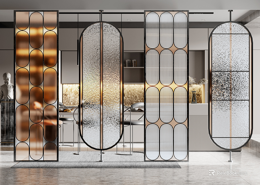 Modern Glass Room Dividers With Geometric Patterns And Metal Frames In Dining Interior 3d model 