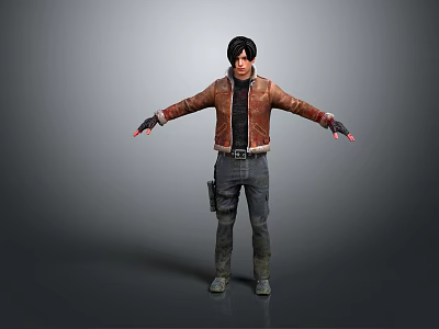 Man Wearing Brown Leather Jacket Black Inner Shirt Standing with Outstretched Arms in Gray Background 3d model