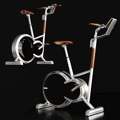 Modern Stationary Bike With Silver Frame Brown Leather Seat And Wooden Handles 3d model