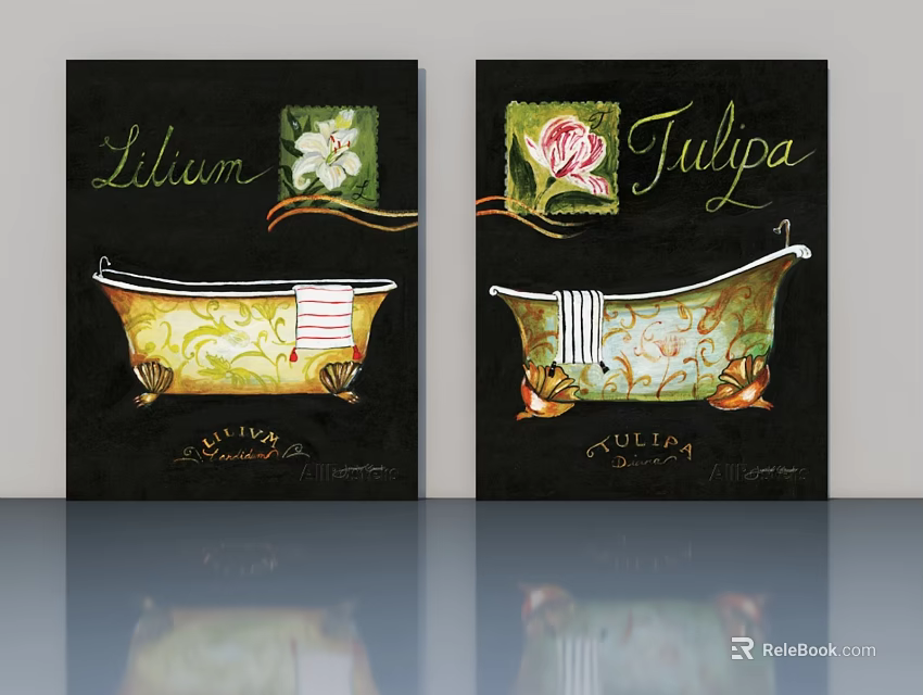 Decorative Wall Art With Lilium Tulipa Vintage Bathtub And Striped Towels 3d model 