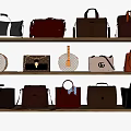 Elegant Assorted Color Handbags With Various Styles Display On Wooden Shelves