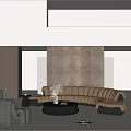 Modern Elegant Living Room Interior with Large Windows City Skyline Brown Curved Sofa Gray Armchair