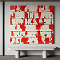 Red And White Abstract Collage Artwork On Wall With Stone Console Table Below 3d model