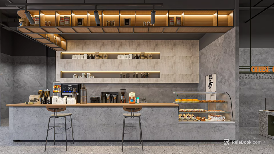 Modern Café Interior With Bar Counter Coffee Machines Pastry Display Case And High Stools 3d model 