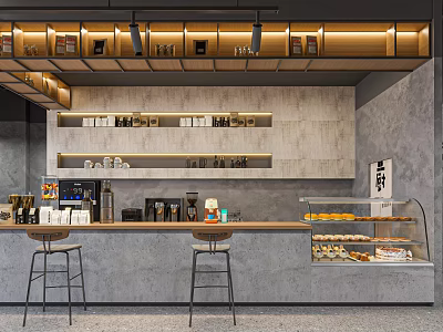 Modern Café Interior With Bar Counter Coffee Machines Pastry Display Case And High Stools 3d model