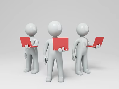 Three White 3D Characters Holding Red Items Standing in Simple Minimalist Scene 3d model