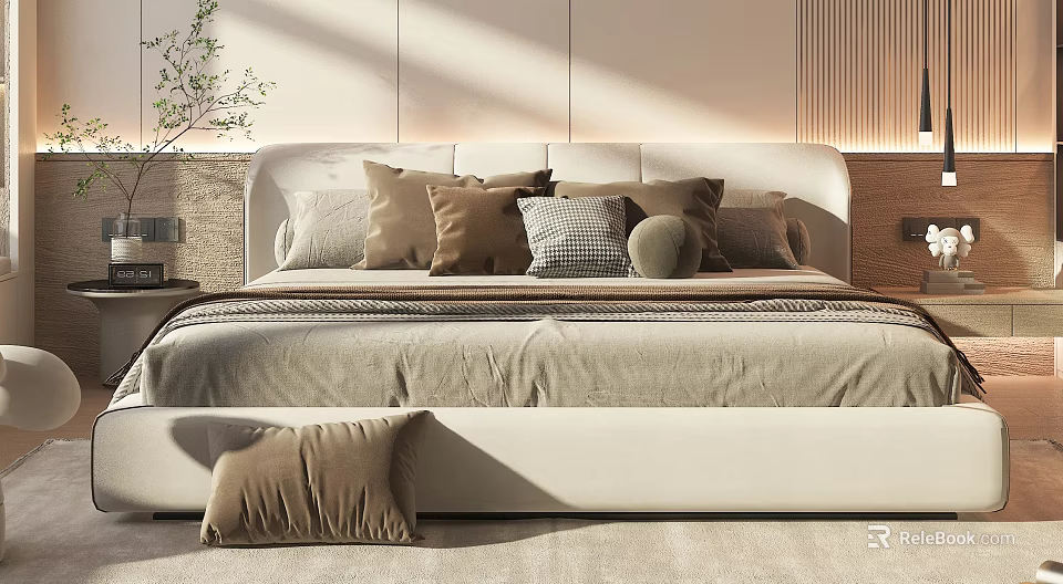 Elegant Double Bed Design With Upholstered Headboard Soft Beige Bedspread And Cozy Pillows 3d model 