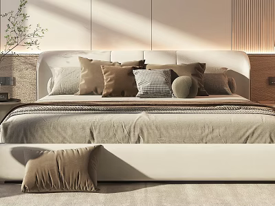 Elegant Double Bed Design With Upholstered Headboard Soft Beige Bedspread And Cozy Pillows 3d model