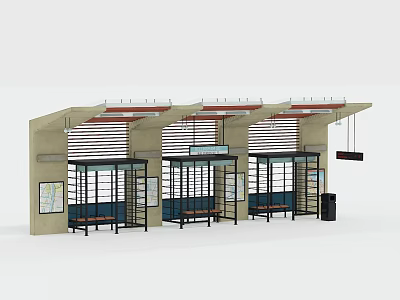 Modern Bus Stop Waiting Shelters With Glass Doors Benches Map Signs And Trash Bin 3d model