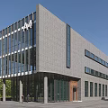 Modern Office Building Featuring Gray Facade Glass Curtain Walls A4 Logo Columns and Green Trees