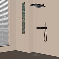 Wall-mounted Shower Head With Water Spray In Beige Bathroom With White Blinds And Built-in Niches