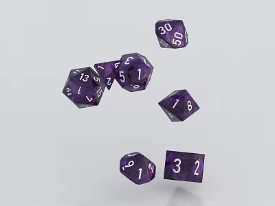 Multiple Purple Polyhedral Dice With Clear Numbers Scattered On White Surface 3d model