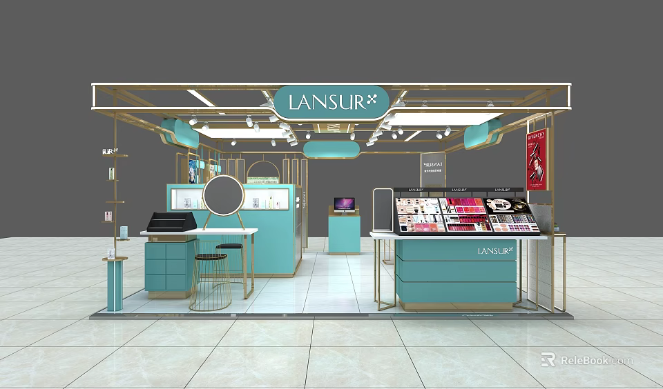 LANSUR Cosmetics Specialty Store With Turquoise And Gold Display Counters And Elegant Interior 3d model 