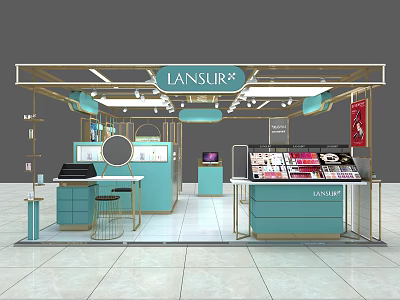 LANSUR Cosmetics Specialty Store With Turquoise And Gold Display Counters And Elegant Interior 3d model