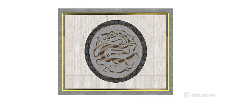 Traditional Decorative Floor Design With Wooden Background Circular Golden Dragon Motif And Gold Trim 3d model 
