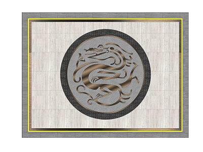 Traditional Decorative Floor Design With Wooden Background Circular Golden Dragon Motif And Gold Trim 3d model