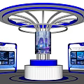 Modern Exhibition Island With Illuminated Rings Blue White Design And Display Screens