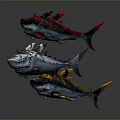 Fantasy Aquatic Animals With Red Black Yellow Fins And Decorative Features